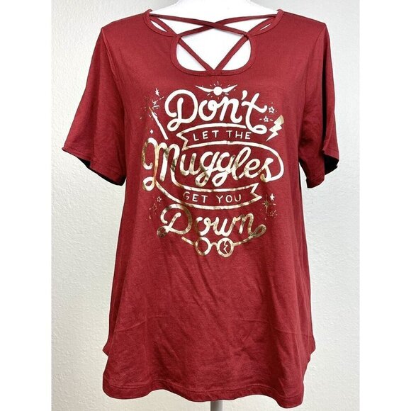 HARRY POTTER Womens MEDIUM Burgundy Don't Let The Muggles Get You Down T-SHIRT - Picture 2 of 2